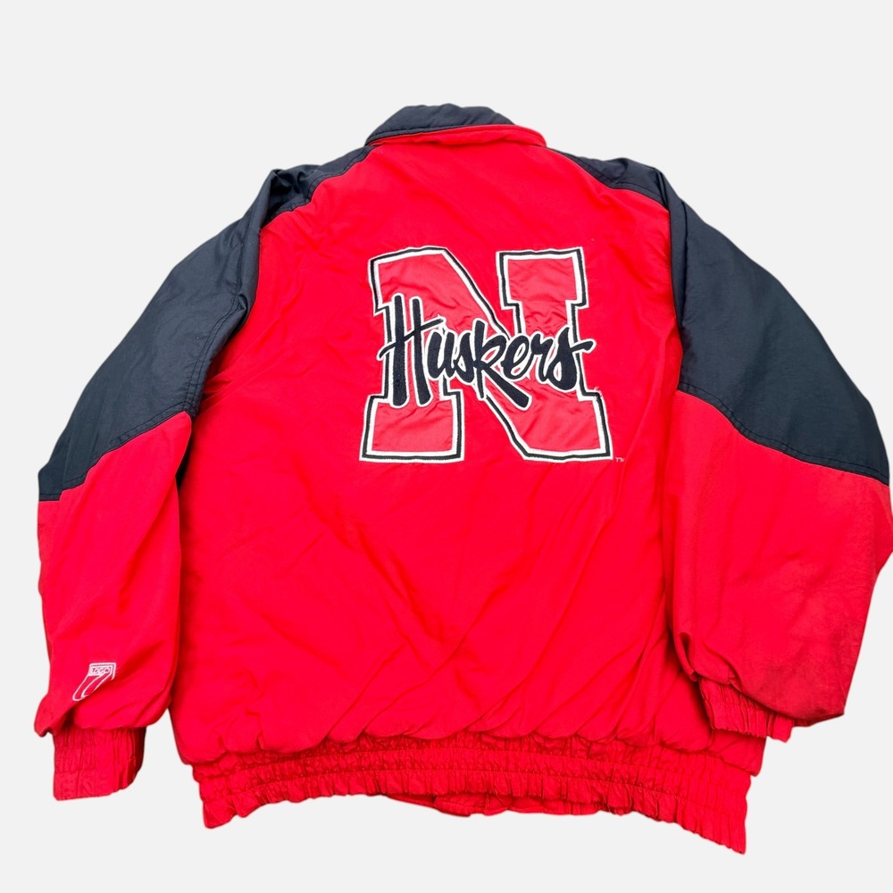 Vintage Logo 7 Nebraska Huskers Puffer Jacket Mens Large Red Black Thrashed Coat